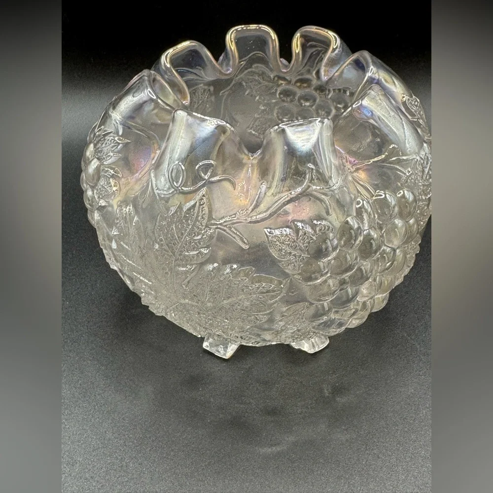 Vintage Dugan Clear Iridescent Carnival Glass Grape Delight Footed Rose Bowl